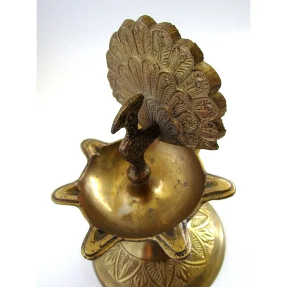Vintage Brass Peacock Bird Shape Religious Wick Oil Lamp - Diya Aarti Home Décor - Picture 6 of 16
